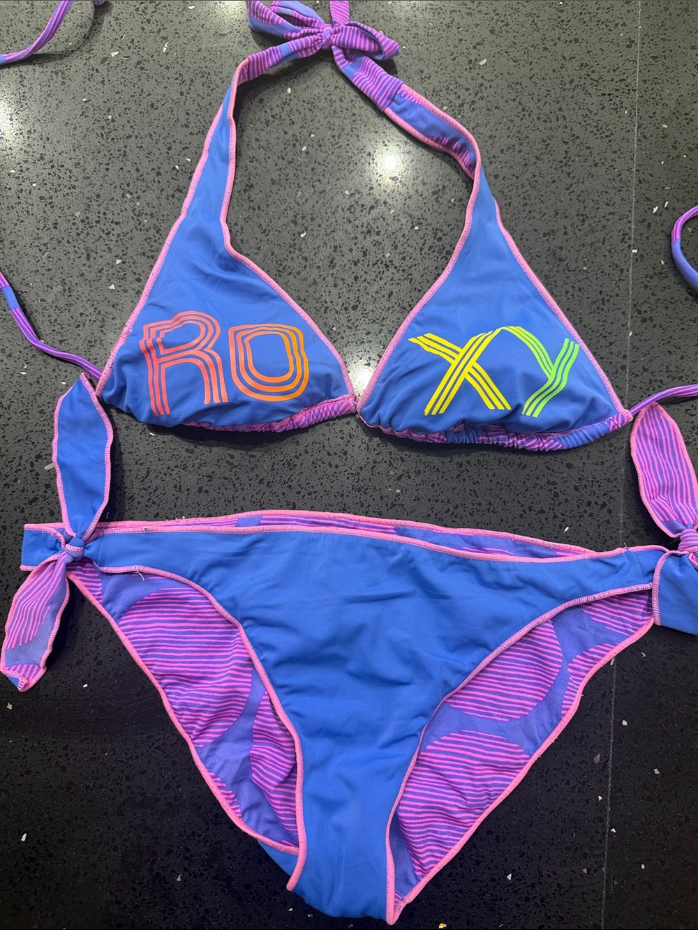 Roxy Blue Triangle Bikini with Pink Trim and Neon Lettering REVERSIBLE